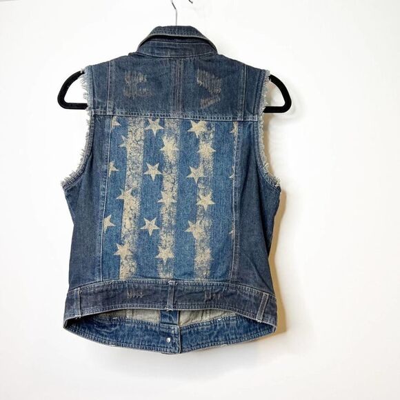 Harley Davidson Womens Blue Flag Sleeveless Button Front Vest Jacket Size Small - Picture 1 of 5